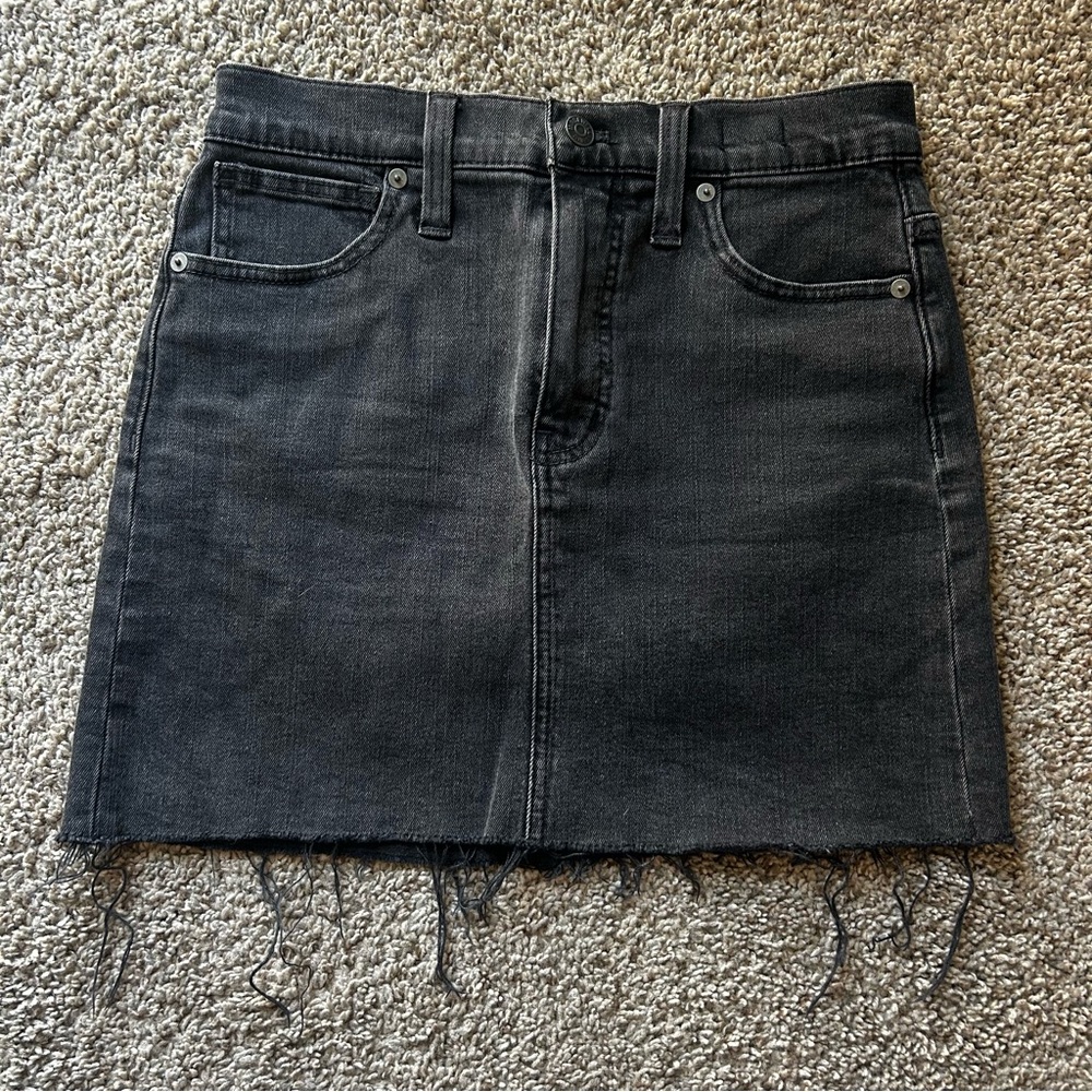 Madewell Black Washed Denim Mini Skirt with Frayed Hem